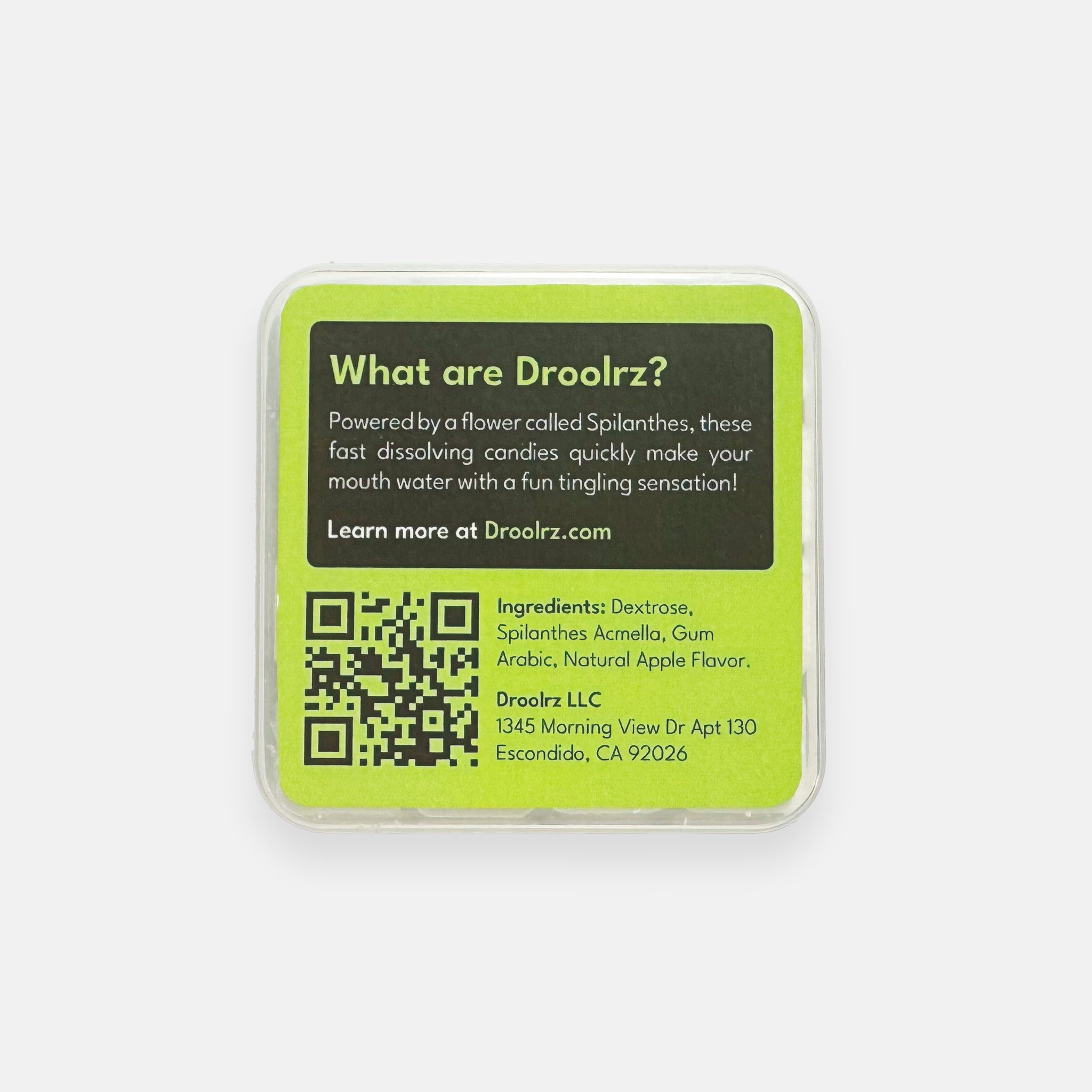 A pack of Droolrz candy displaying the back label on a plain grey background