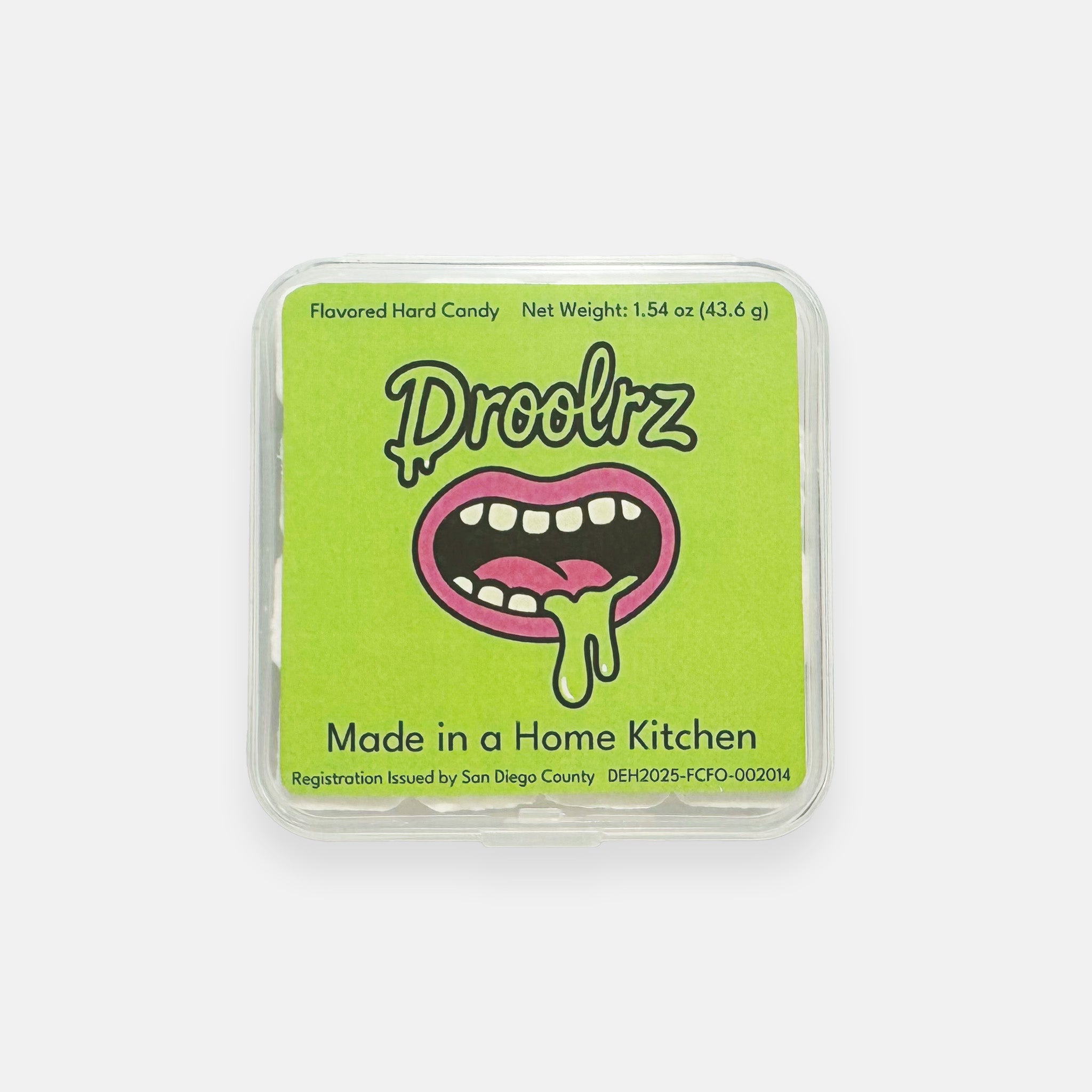 A pack of Droolrz candy displaying the front label on a plain grey background