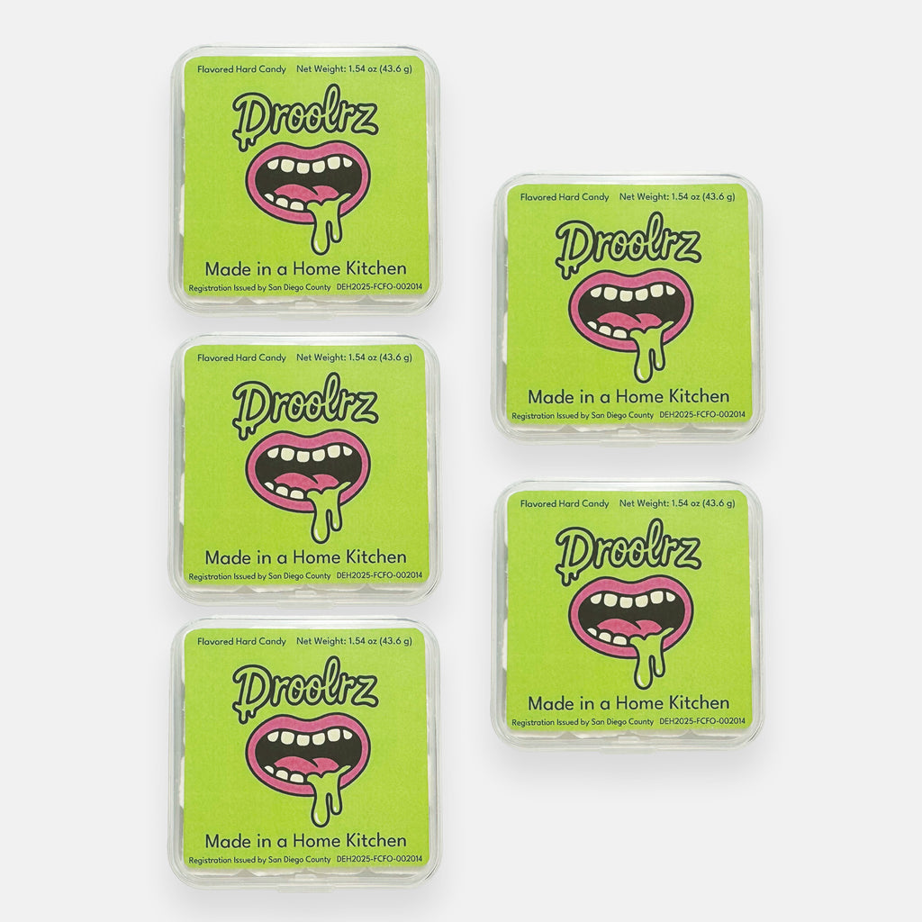 Five packs of Droolrz candy on a plain grey background